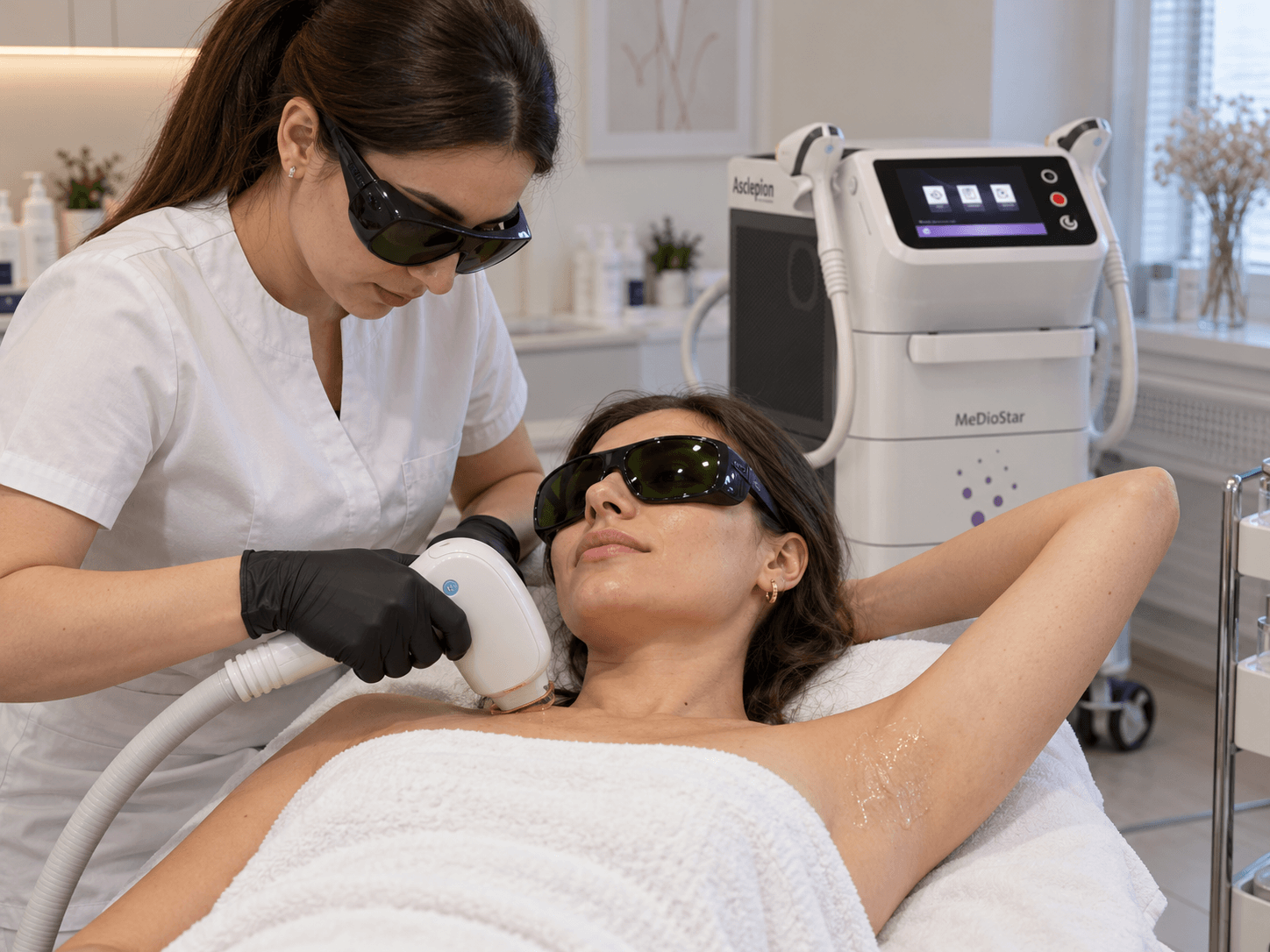 Procedură de epilare laser în zona axilei cu aparatul MeDioStar, realizată de un cosmetolog